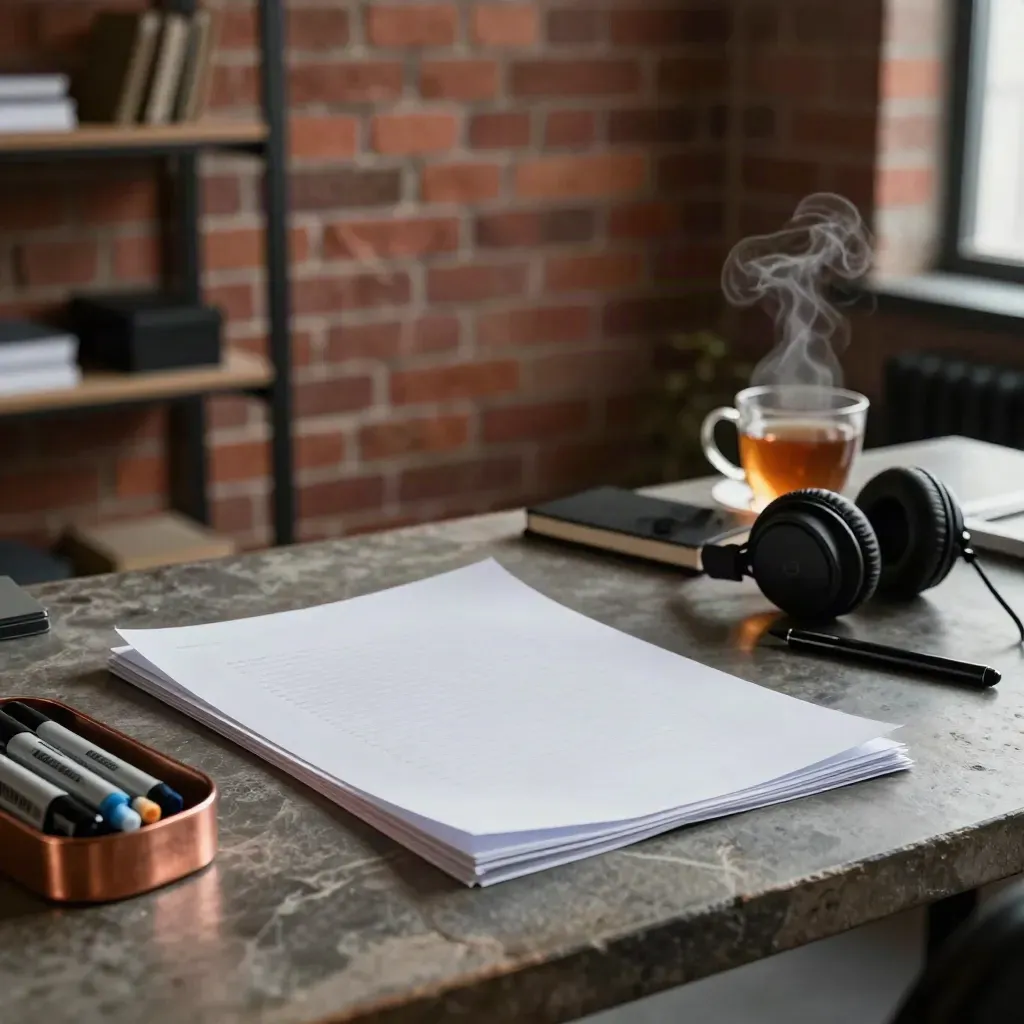 Late-night copy edit tools and tea on a stone desk in a small brick office.