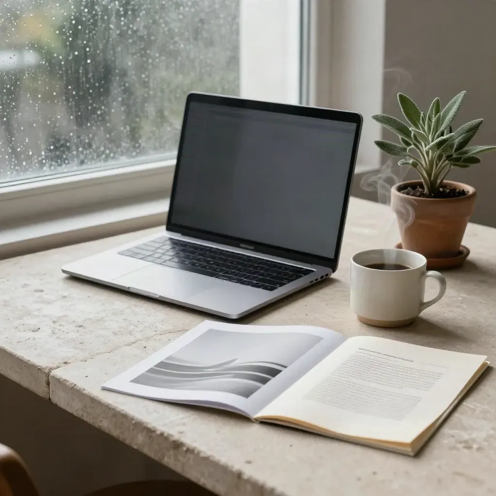 Closed laptop, steam cup, plant and paper proofs on a rain-speckled studio table.