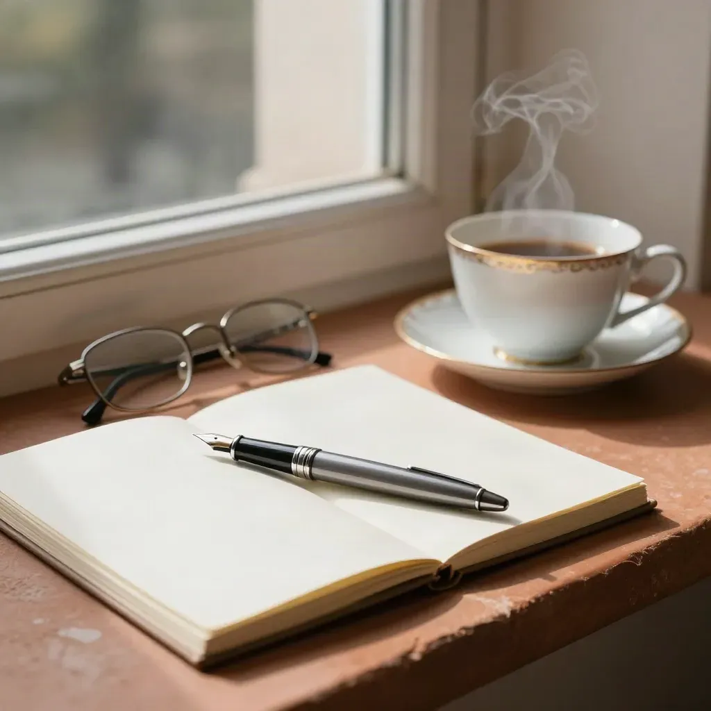 Sunlit writing setup with fountain pen, notebook, glasses and steaming tea on a terracotta ledge.