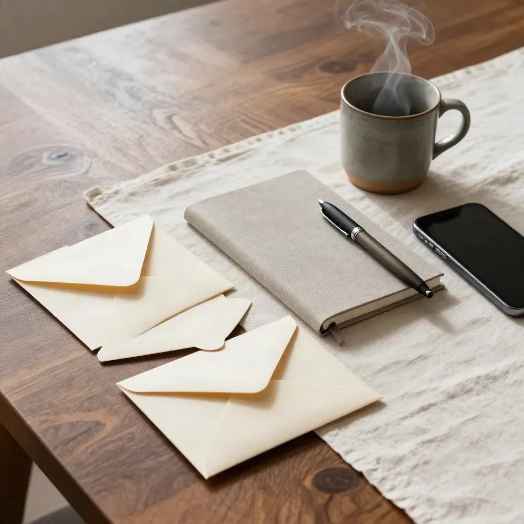 Sealed envelopes, notebook, pen, mug and face-down phone on linen by warm daylight.