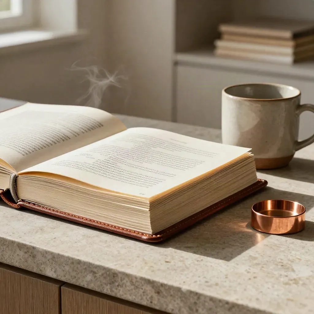 Leather portfolio, paper samples and a mug on brushed stone in a warm editorial studio.