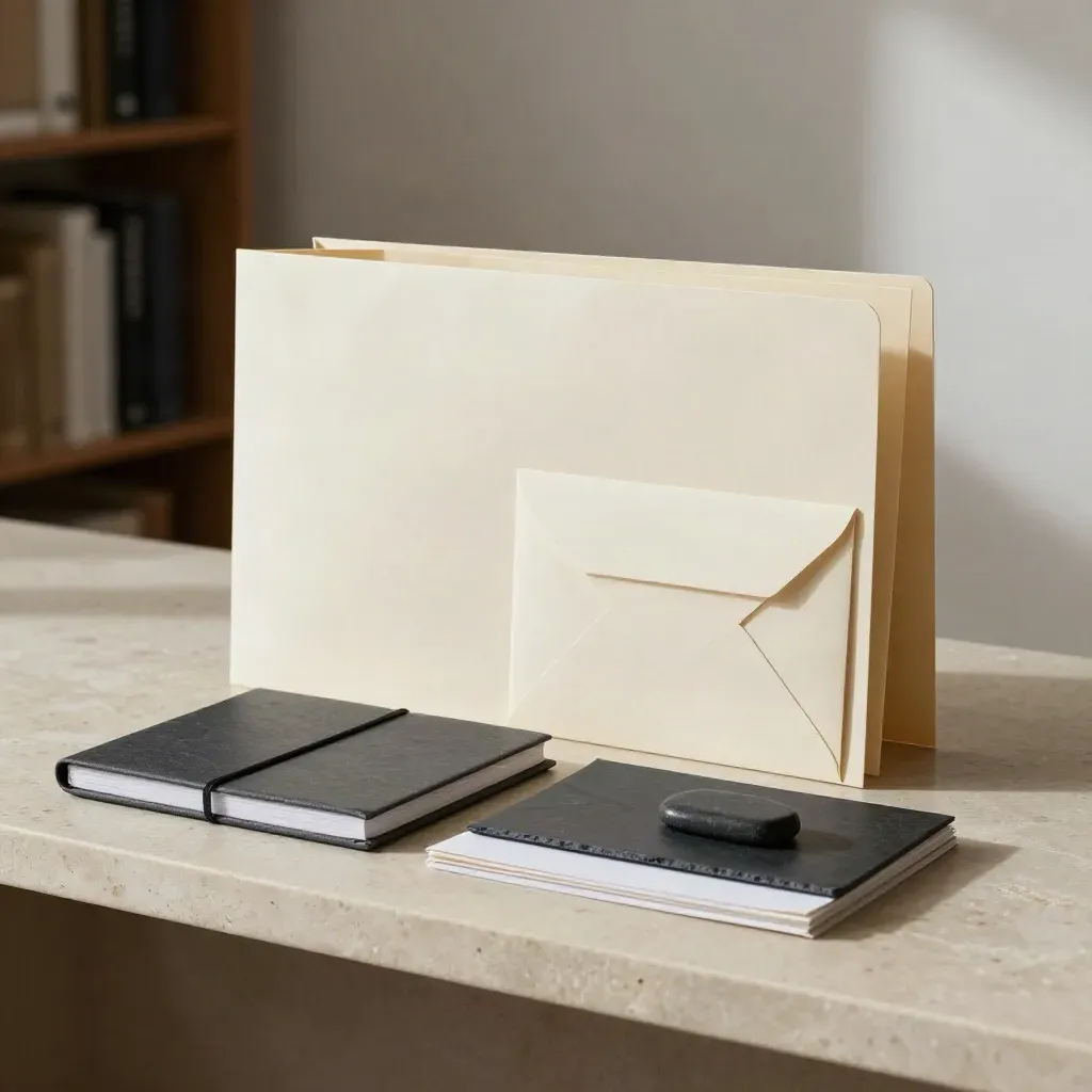 Folders and notebooks settling into a white-label copy handoff on pale stone.