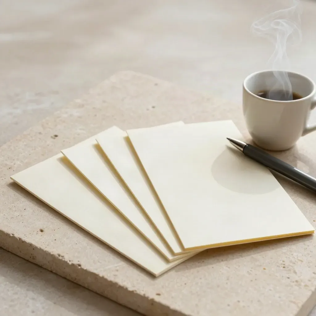 Five folded note cards, slim pen, and steaming cup on pale stone in an oblique top-down view.