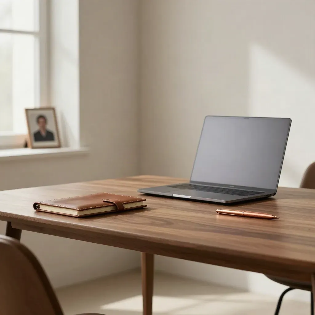 Warm founder interview desk with notebook, closed laptop, copper pen, and blurred framed photo in soft light.